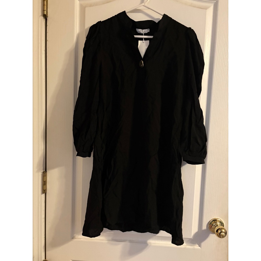 Reserved Dress Womens XS Black New Long Sleeve Puff Shoulder Gold Button Mini